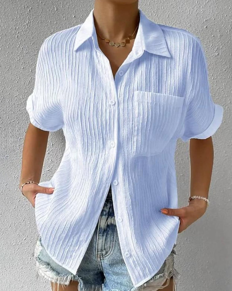 Comfortable solid color lapel blouse with short sleeves and pocket