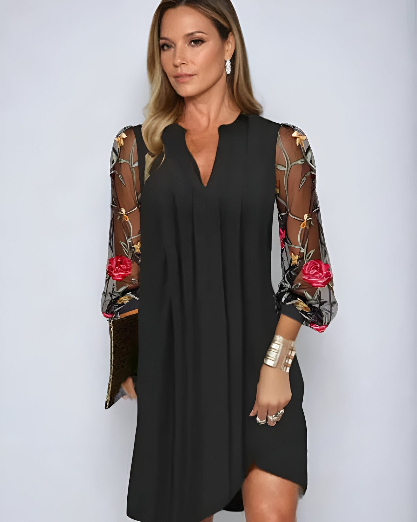 Renée | Elegant Long Women’s Dress with Embroidered Sleeves