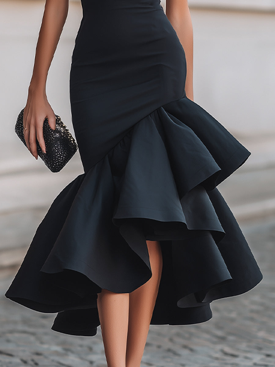 Asymmetrical Ruffle Hem Tailored Midi Dress