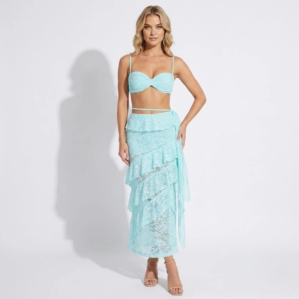Altheira Lace Corset Two-Piece Set – Tiered Guipure Bustier & Cascading Maxi Skirt