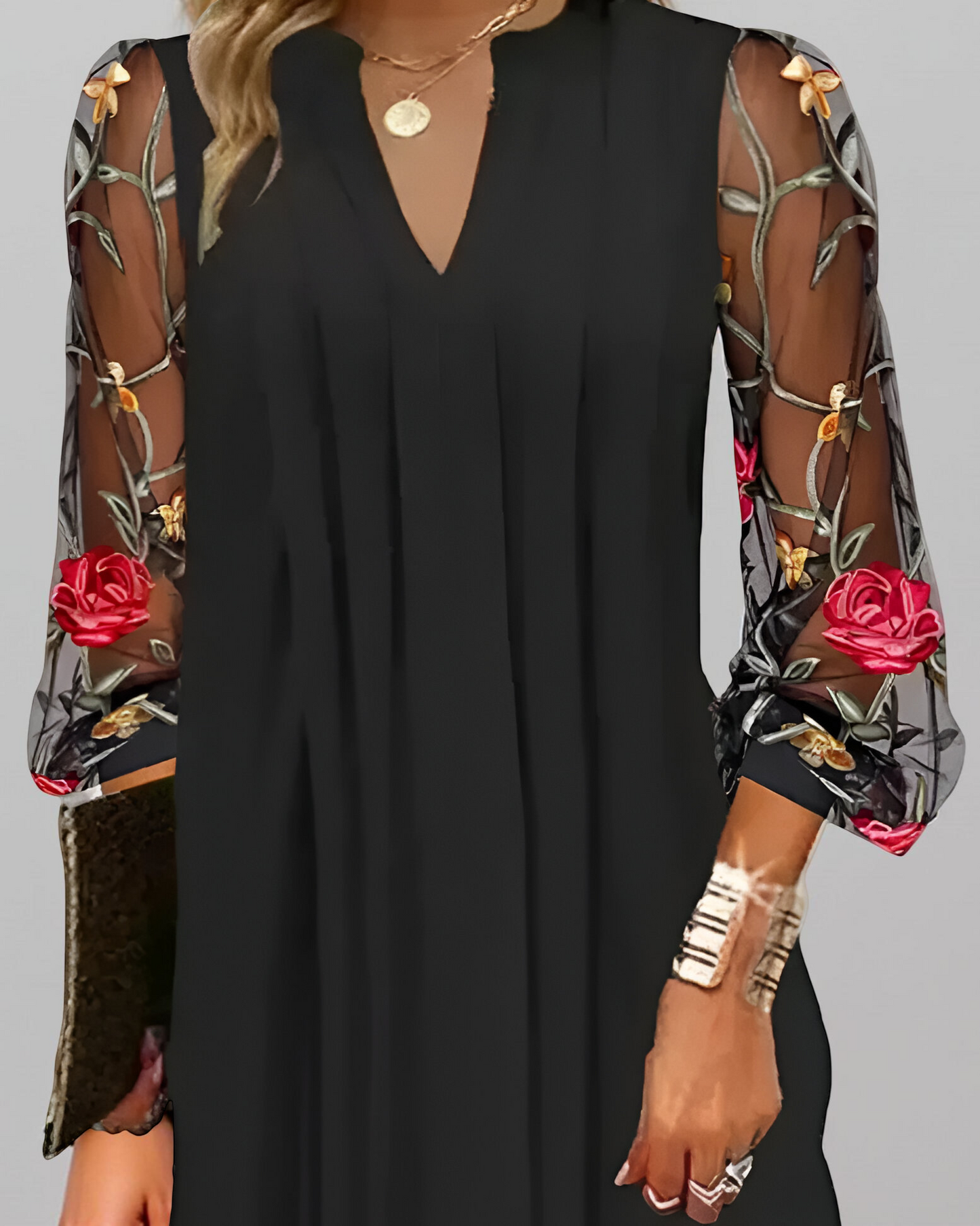 Renée | Elegant Long Women’s Dress with Embroidered Sleeves