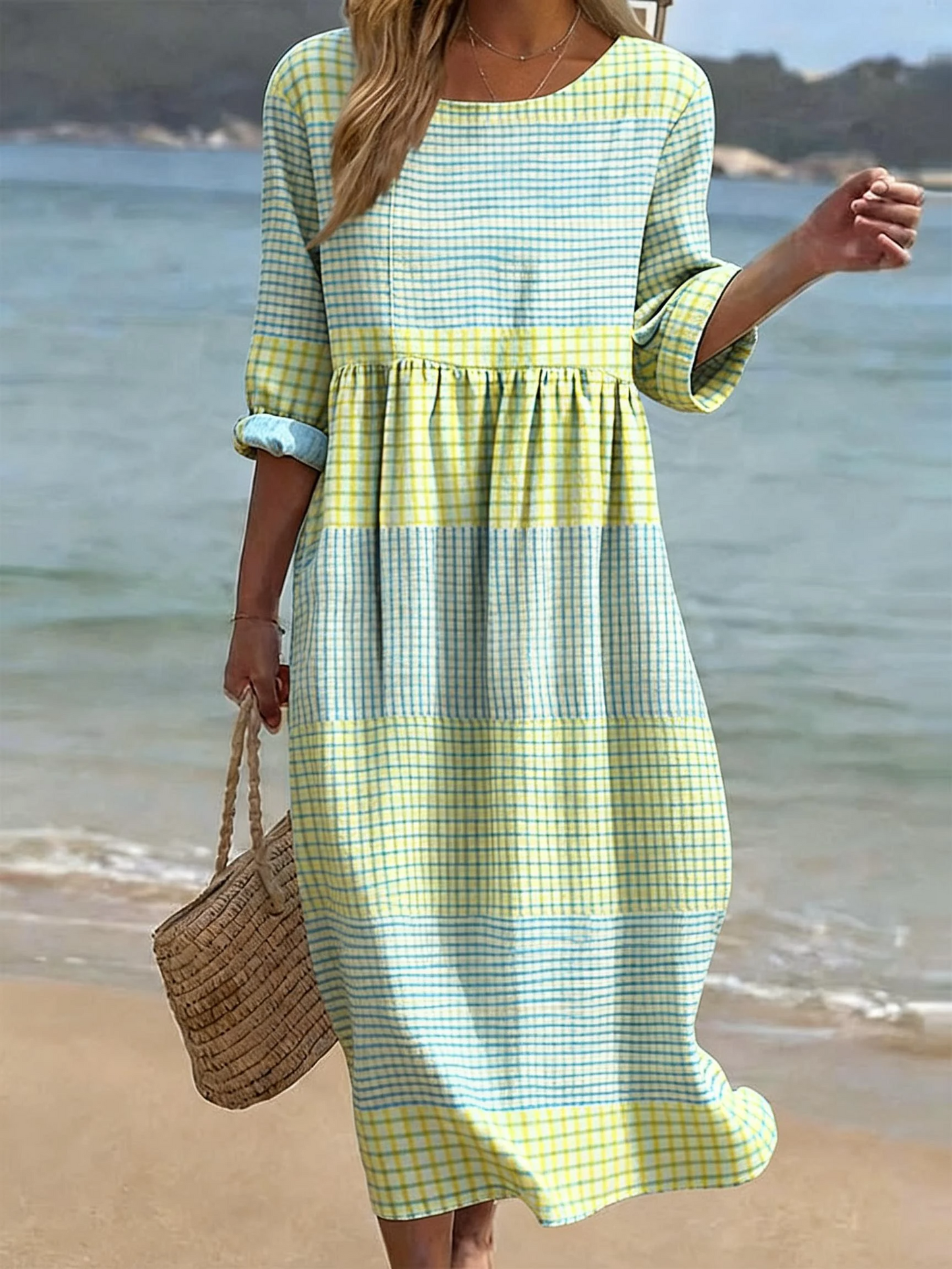 Women's Casual Dress made of Cotton-Linen with Round Neckline and Half Sleeves