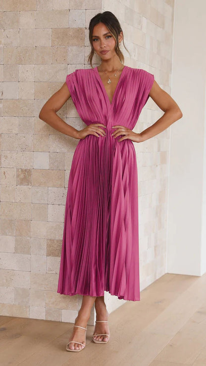 MADISYN - FLOWY V-NECK PLEATED SKIRT DRESS