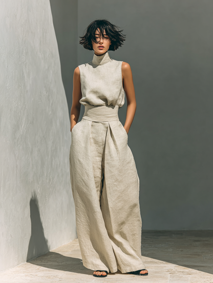 Women's Sleeveless Cotton-Linen Blouse and Wide-Leg Pants Ensemble