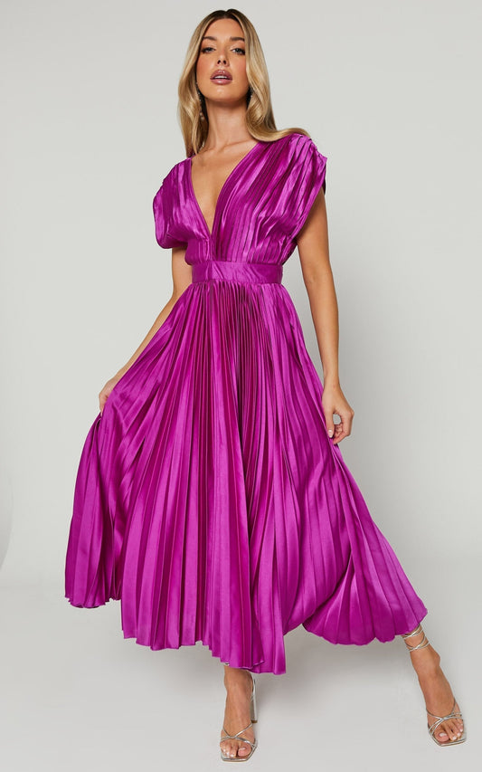 MADISYN - FLOWY V-NECK PLEATED SKIRT DRESS