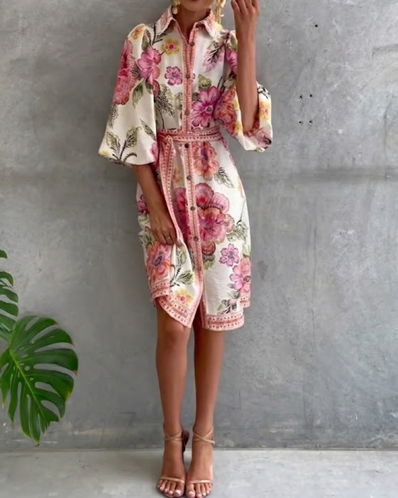 Dress French Lantern Sleeve Lapel Printed