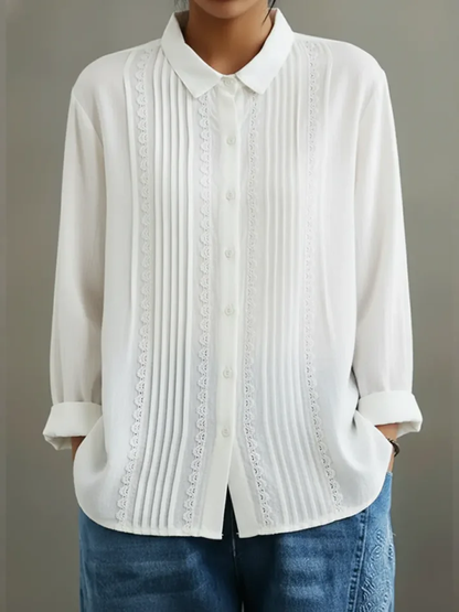 Claire | Women's Lace Trim Button-Up Long Sleeve Blouse