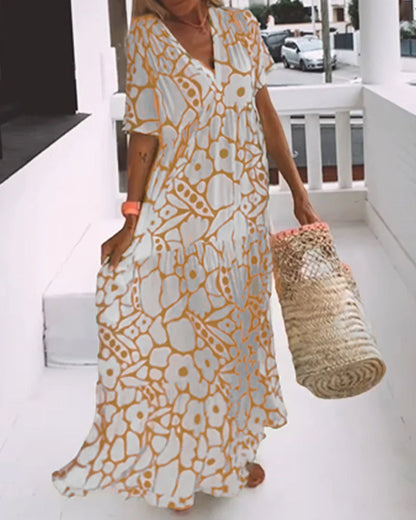 Printed loose dress with V-neck