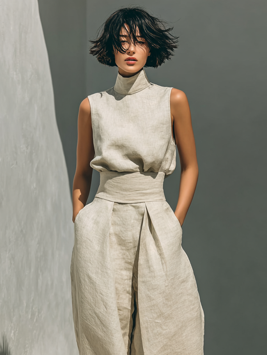Women's Sleeveless Cotton-Linen Blouse and Wide-Leg Pants Ensemble