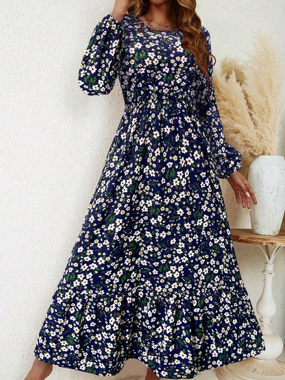 Flora | Women's Floral Print Bishop Sleeve Smocked Waist Maxi Dress