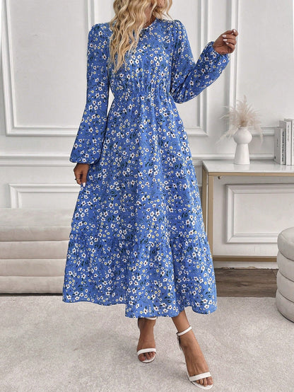 Flora | Women's Floral Print Bishop Sleeve Smocked Waist Maxi Dress