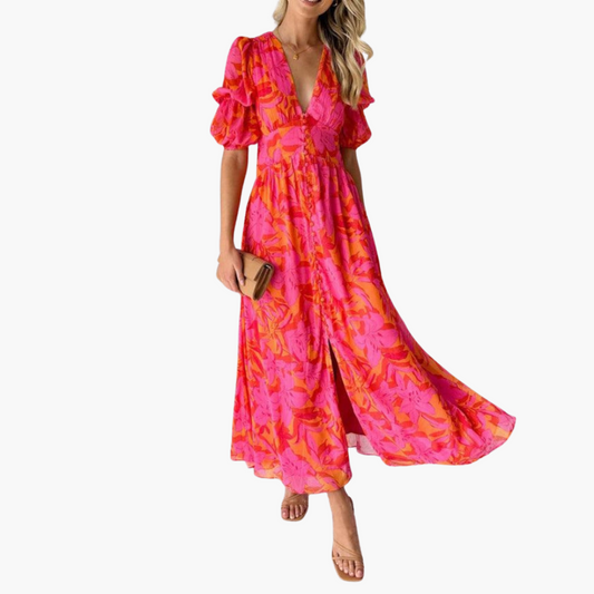Elegant Maxi Dress for Women - V-Neck & Puff Sleeves