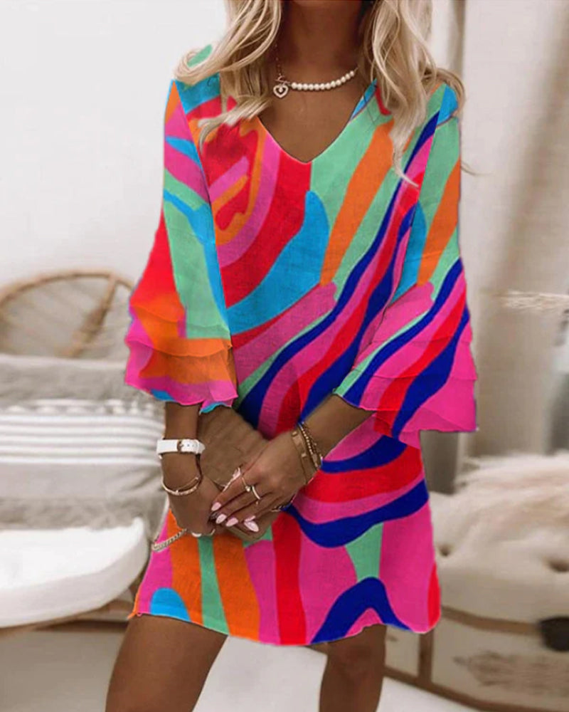 Zara | Women's Colorful Abstract Print Bell Sleeve Mini Dress