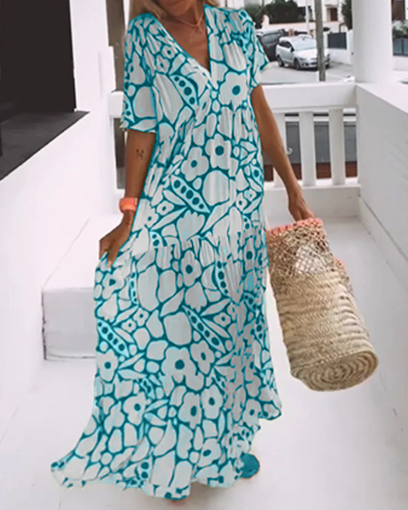 Printed loose dress with V-neck