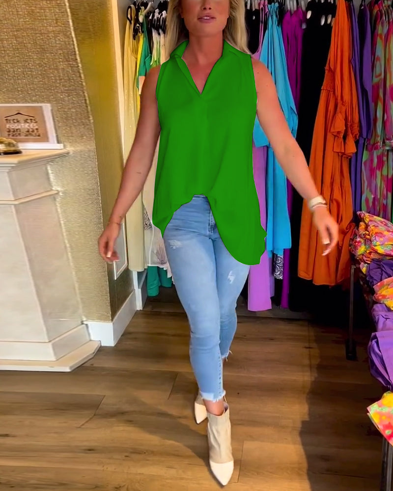 Sleeveless Top with Ruffles and Lapel