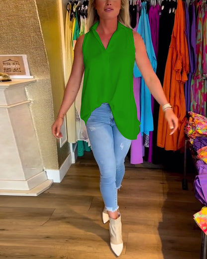 Sleeveless Top with Ruffles and Lapel