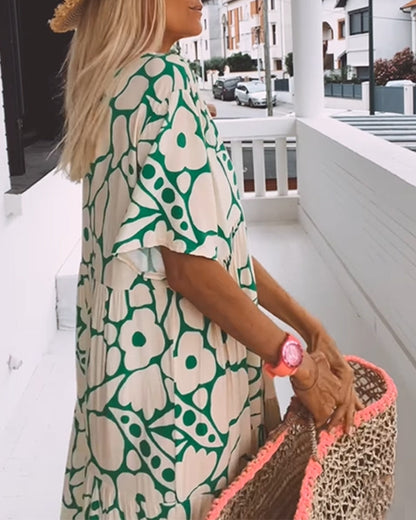 Printed loose dress with V-neck