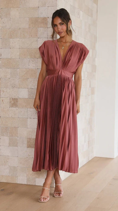 MADISYN - FLOWY V-NECK PLEATED SKIRT DRESS