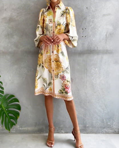 Dress French Lantern Sleeve Lapel Printed