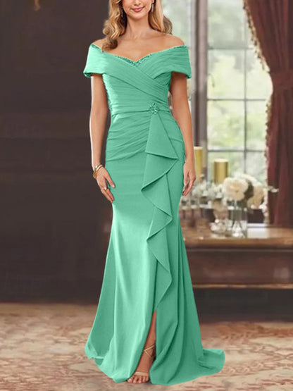 Sheath/Column Off-the-Shoulder Sleeveless Floor-Length Mother of the Bride Dresses With Ruffles