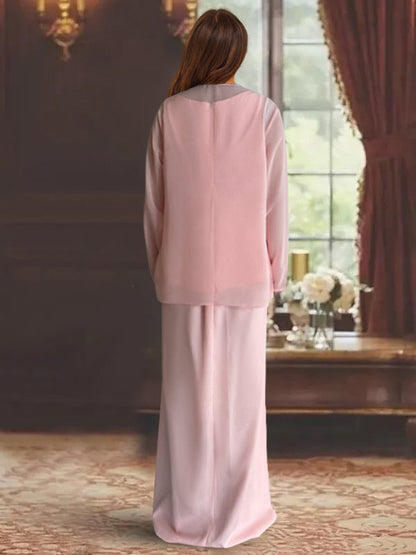 3 Piece Dress Set Sheath/Column Scoop Neck Long Sleeves Floor-Length Mother of the Bride Dresses with Jacket