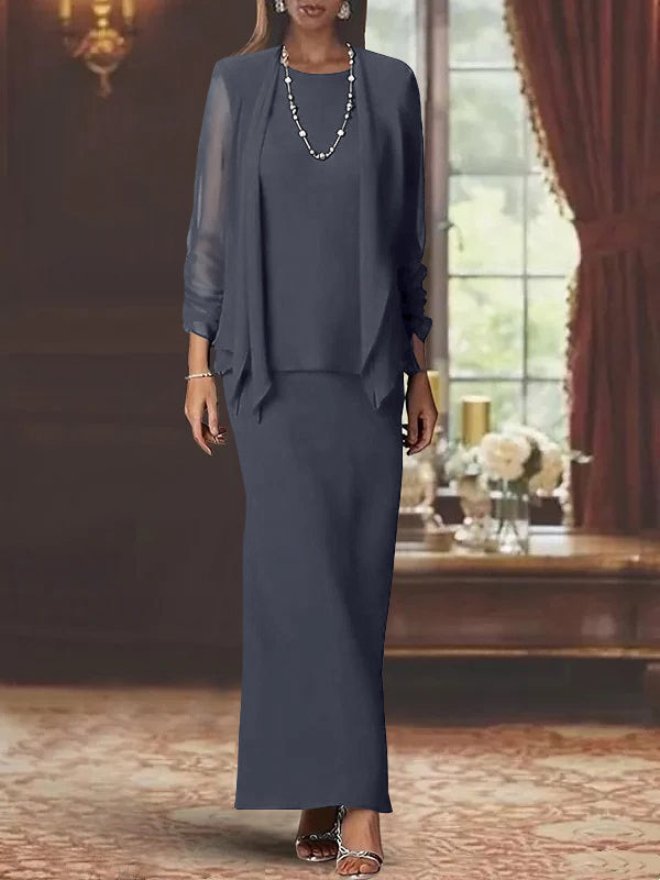 3 Piece Dress Set Sheath/Column Scoop Neck Long Sleeves Floor-Length Mother of the Bride Dresses with Jacket