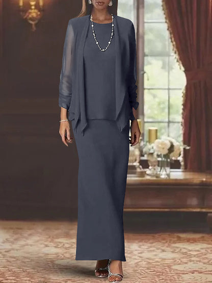 3 Piece Dress Set Sheath/Column Scoop Neck Long Sleeves Floor-Length Mother of the Bride Dresses with Jacket