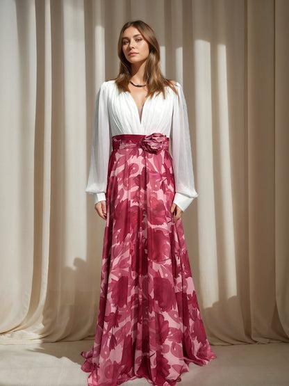 A Line/Princess V-Neck Long Sleeves Floor Length Floral Mother of the Bride Dresses With Flower