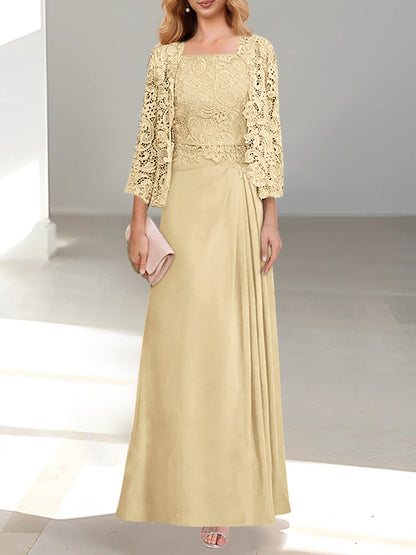 2 Pieces A-Line/Princess Scoop Floor-Length Mother of the Bride Dresses with Pleated & Lace Appliques