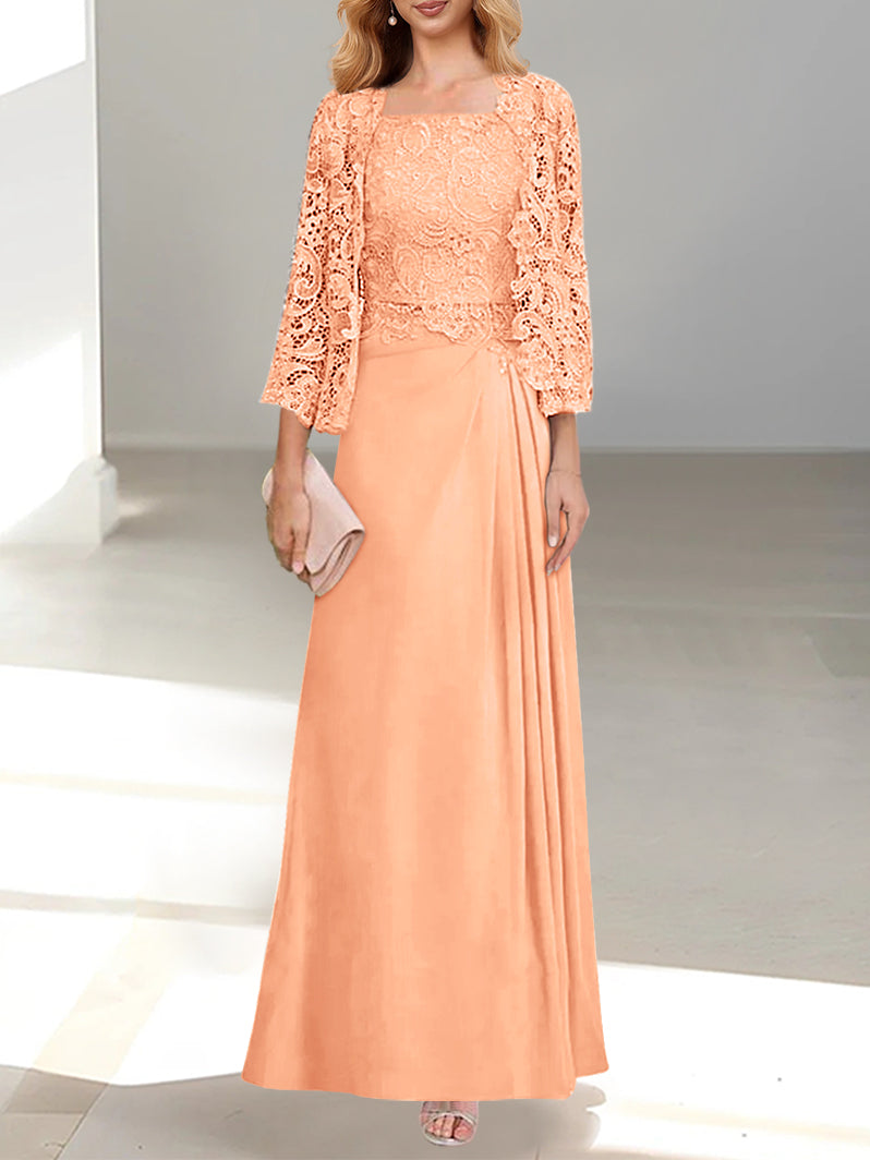 2 Pieces A-Line/Princess Scoop Floor-Length Mother of the Bride Dresses with Pleated & Lace Appliques