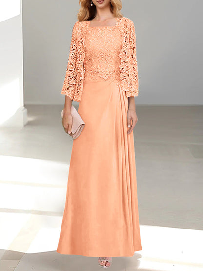 2 Pieces A-Line/Princess Scoop Floor-Length Mother of the Bride Dresses with Pleated & Lace Appliques