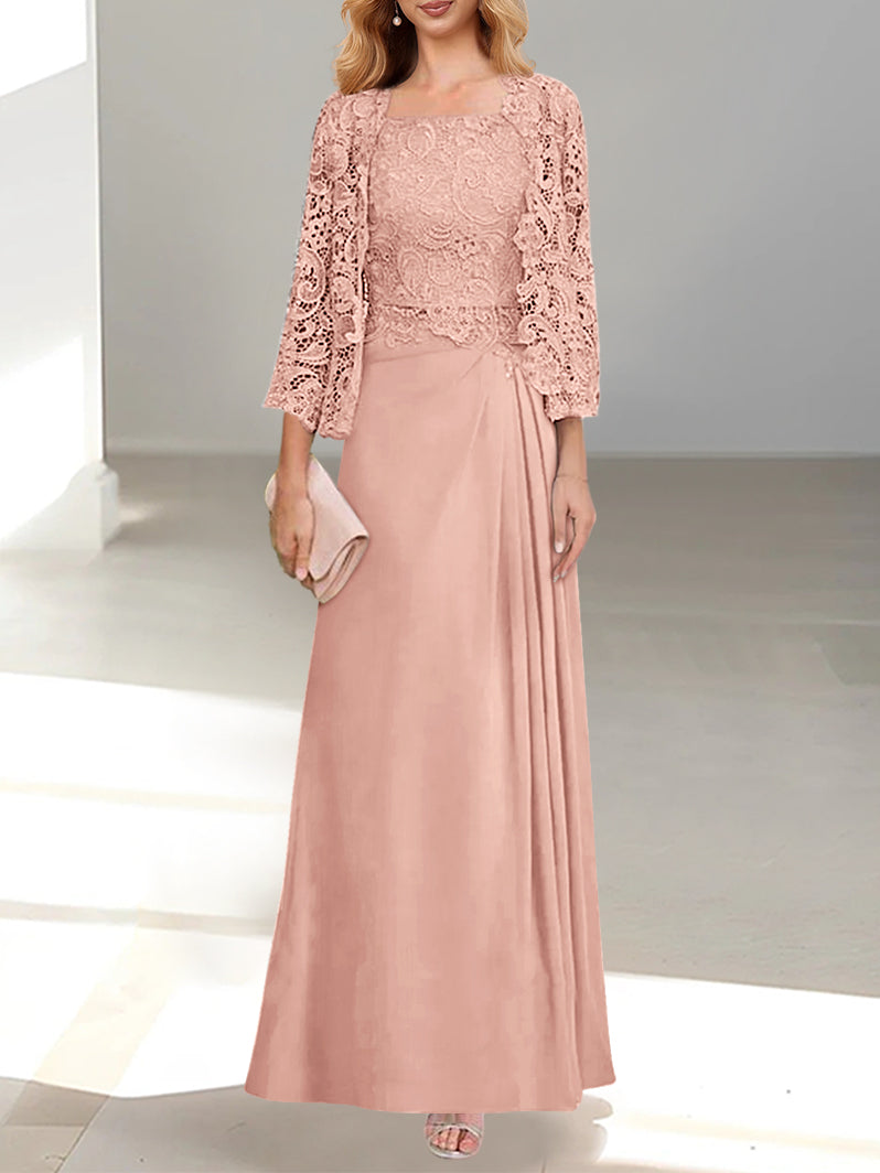 2 Pieces A-Line/Princess Scoop Floor-Length Mother of the Bride Dresses with Pleated & Lace Appliques