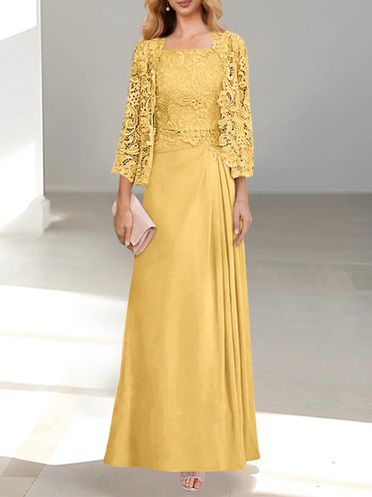 2 Pieces A-Line/Princess Scoop Floor-Length Mother of the Bride Dresses with Pleated & Lace Appliques