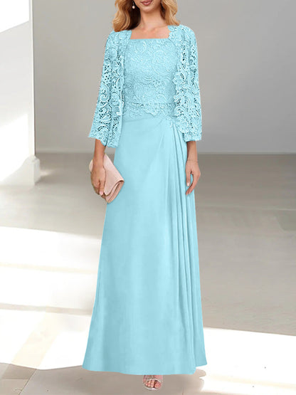 2 Pieces A-Line/Princess Scoop Floor-Length Mother of the Bride Dresses with Pleated & Lace Appliques