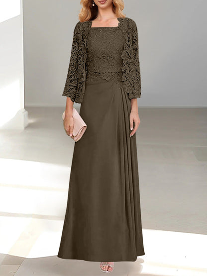 2 Pieces A-Line/Princess Scoop Floor-Length Mother of the Bride Dresses with Pleated & Lace Appliques