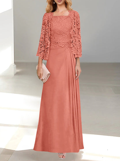2 Pieces A-Line/Princess Scoop Floor-Length Mother of the Bride Dresses with Pleated & Lace Appliques