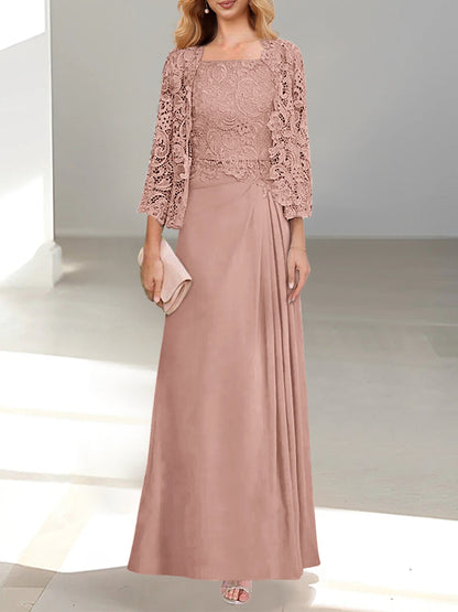 2 Pieces A-Line/Princess Scoop Floor-Length Mother of the Bride Dresses with Pleated & Lace Appliques