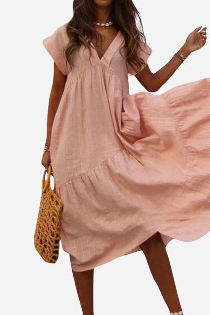 Rosie | Women's V-Neck Tiered Midi Dress with Flutter Sleeves