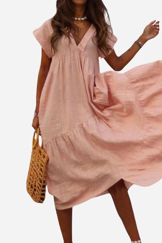 Rosie | Women's V-Neck Tiered Midi Dress with Flutter Sleeves
