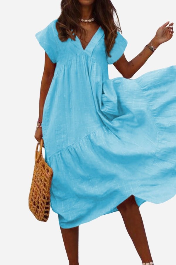 Rosie | Women's V-Neck Tiered Midi Dress with Flutter Sleeves