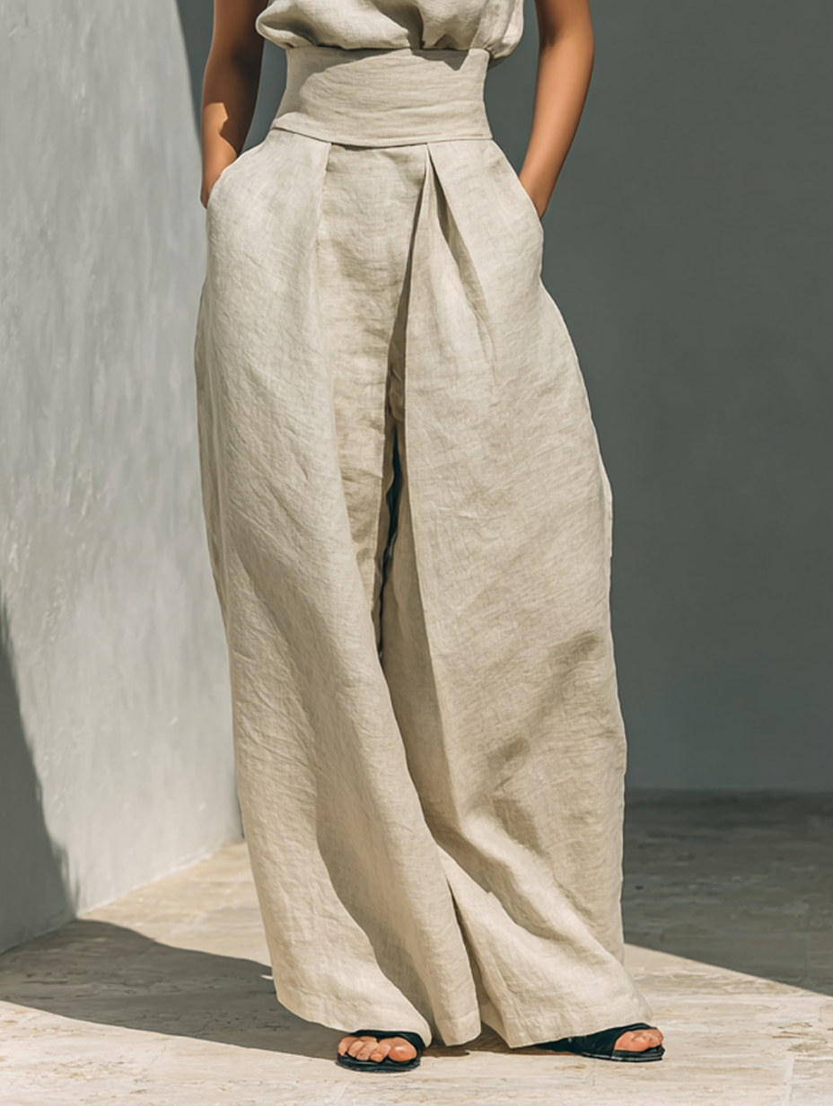 Women's Sleeveless Cotton-Linen Blouse and Wide-Leg Pants Ensemble