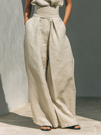 Women's Sleeveless Cotton-Linen Blouse and Wide-Leg Pants Ensemble