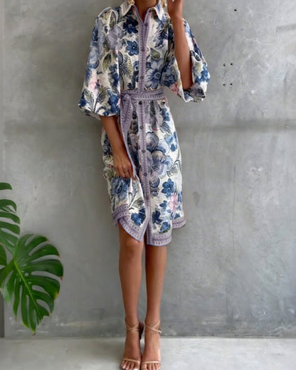 Dress French Lantern Sleeve Lapel Printed