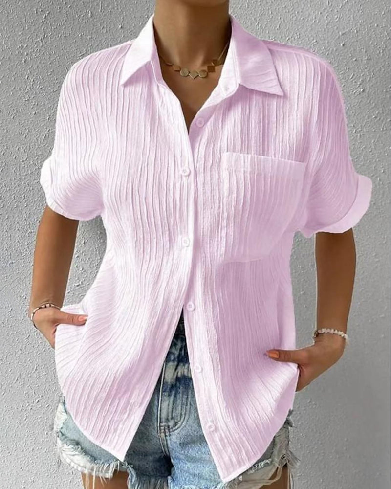 Comfortable solid color lapel blouse with short sleeves and pocket