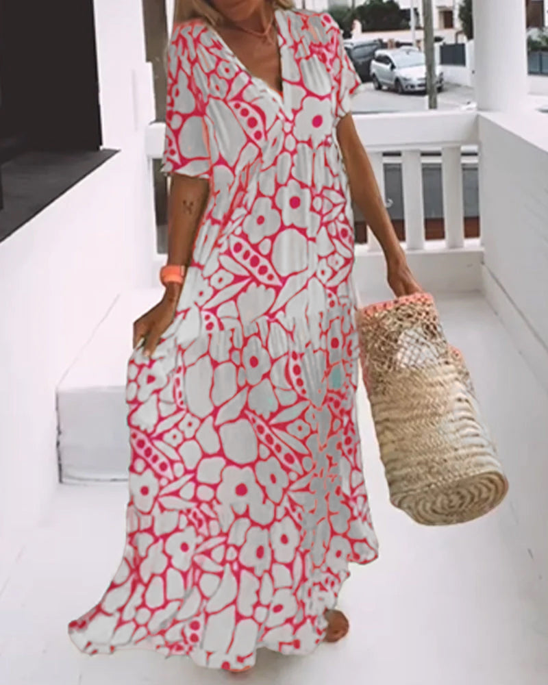 Printed loose dress with V-neck