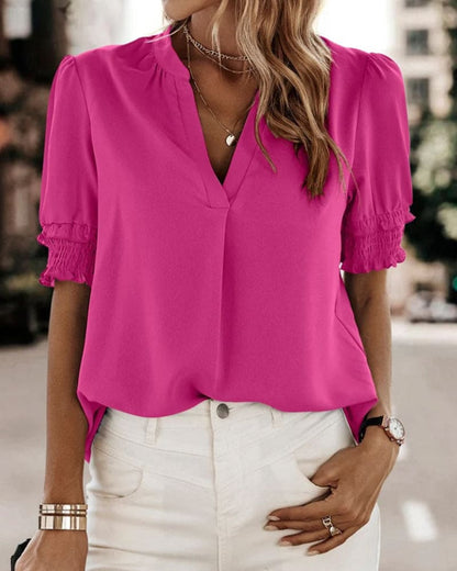 Maya | Women's V-Neck Puff Sleeve Blouse Short Sleeve Top