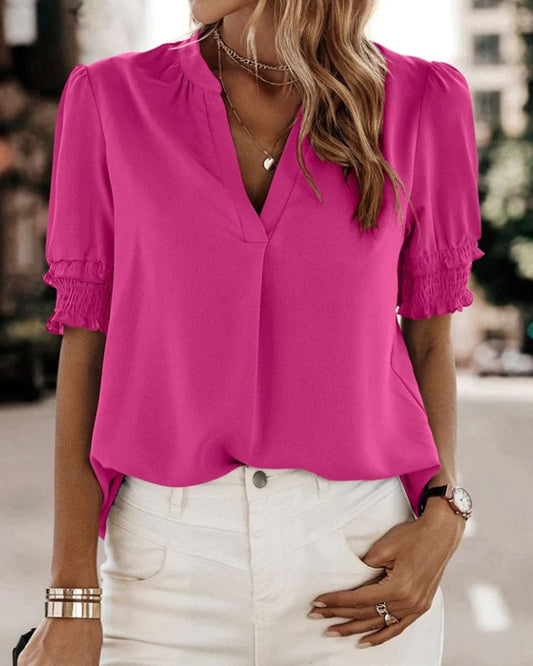 Maya | Women's V-Neck Puff Sleeve Blouse Short Sleeve Top