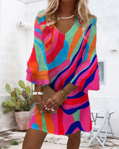 Zara | Women's Colorful Abstract Print Bell Sleeve Mini Dress
