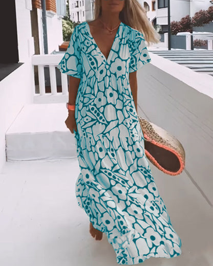 Printed loose dress with V-neck