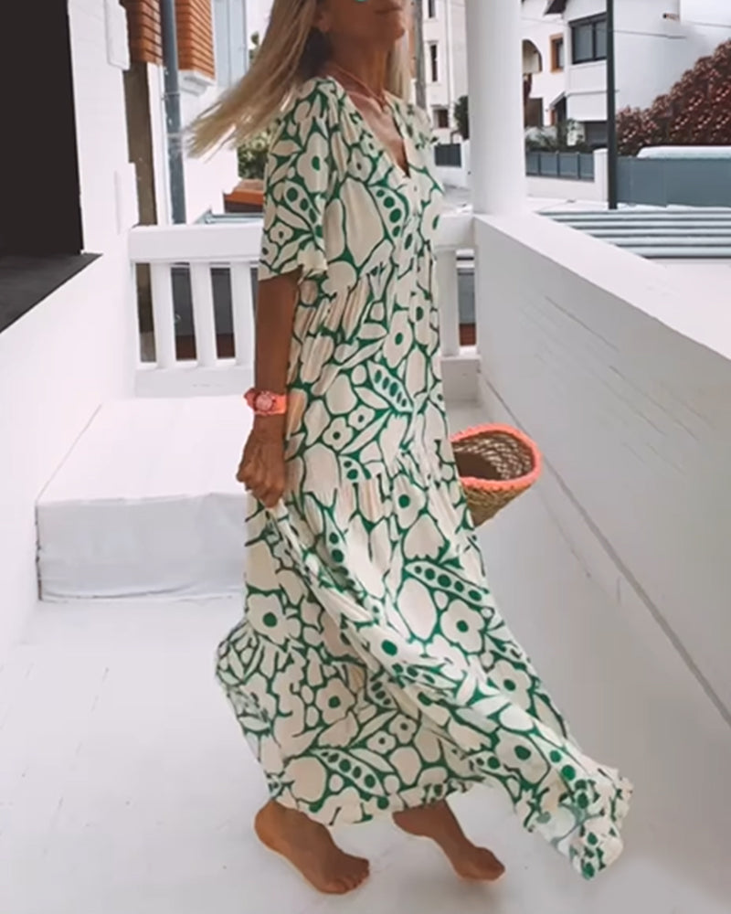 Printed loose dress with V-neck